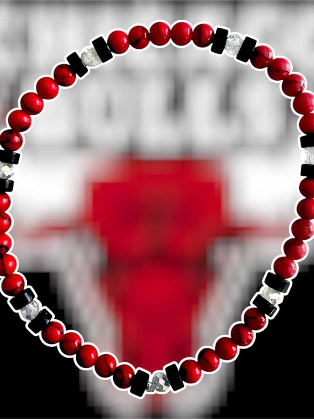 Unisex Red Beaded Stretch Bracelet with Black and Crystal Accents